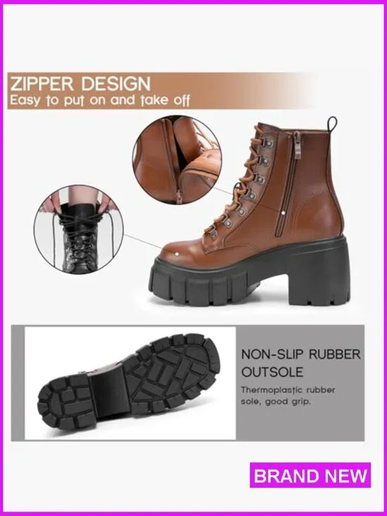 Combat Boots Chunky Platform Lace Up Side Zipper Ankle Booties Lightweight - Picture 6 of 7